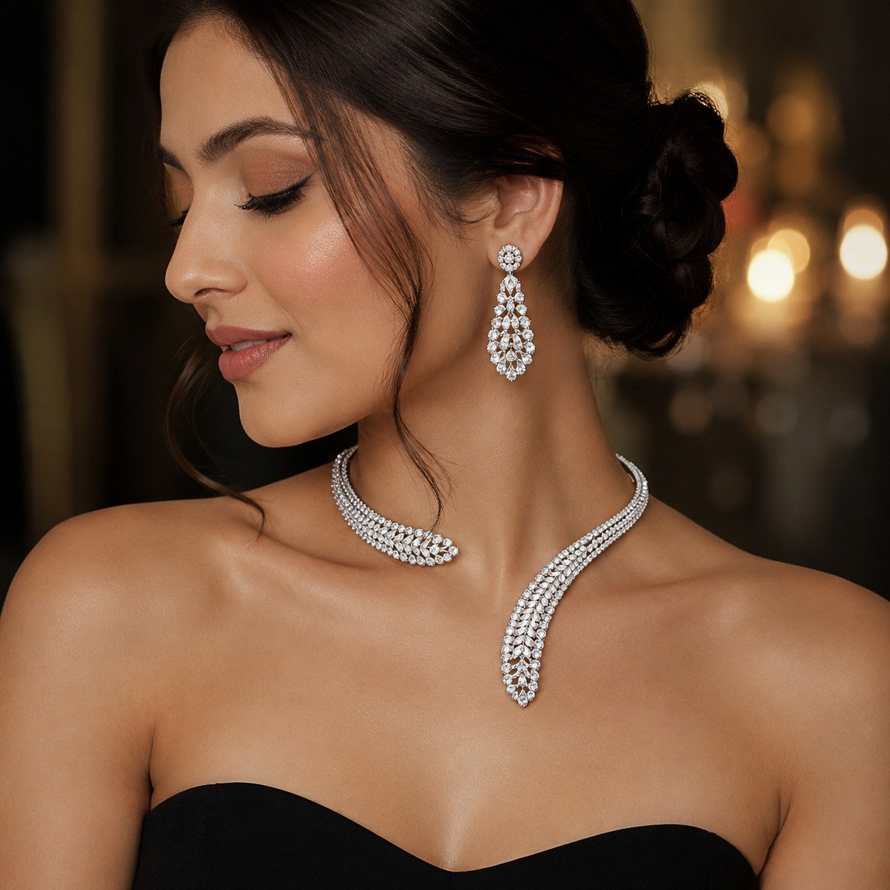 American Diamond (AD) Bypass Style Choker Set with Dangle Earrings