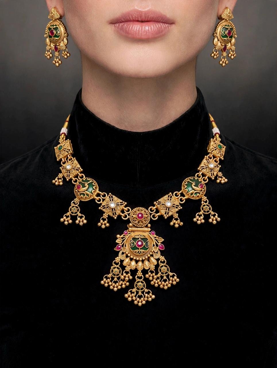 Traditional Multicolor Antique Gold-Tone Necklace Set