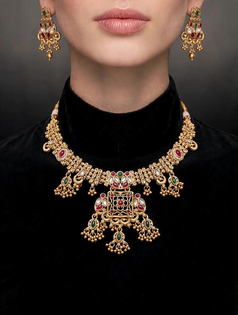 Traditional Multicolor Stone Gold-Tone Necklace Set