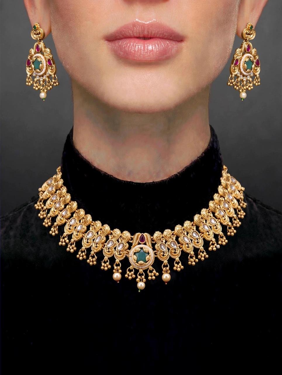 Gold-Tone Traditional Kundan Necklace Set