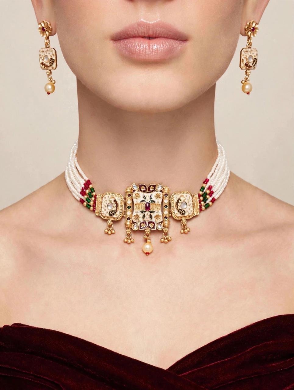 Rajwadi Pearl Meenakari Choker Set