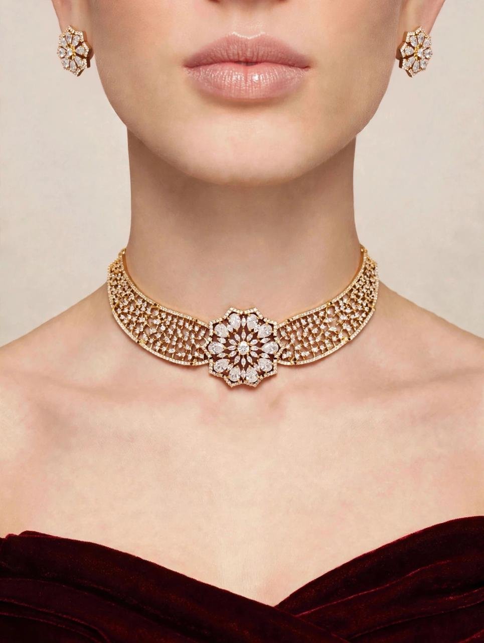 Golden White Bloom Kundan Choker Set