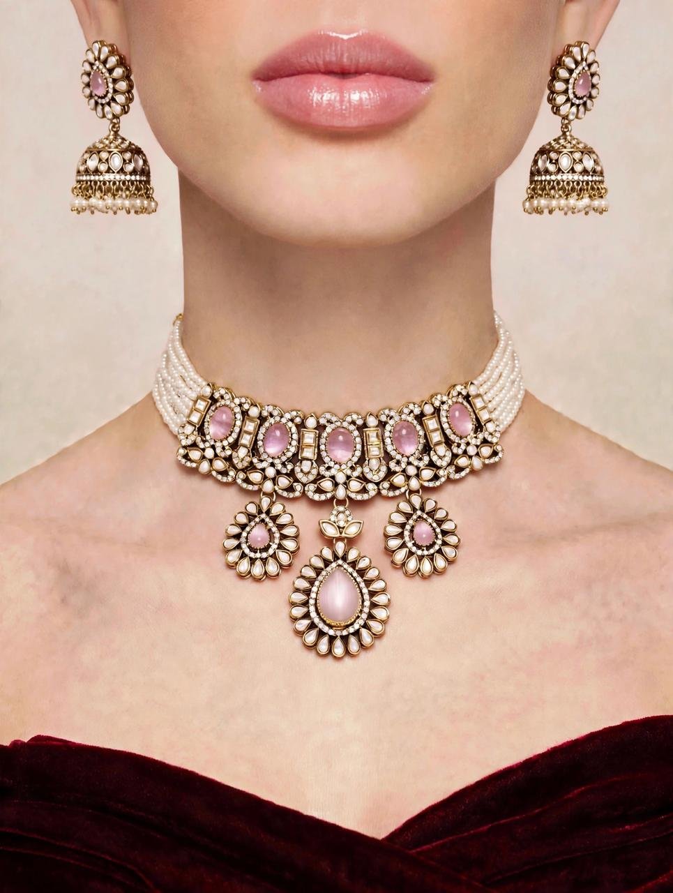 Pink Meher Kundan Choker Set