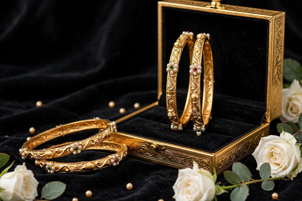 Antique Matte Gold Temple Kada Set